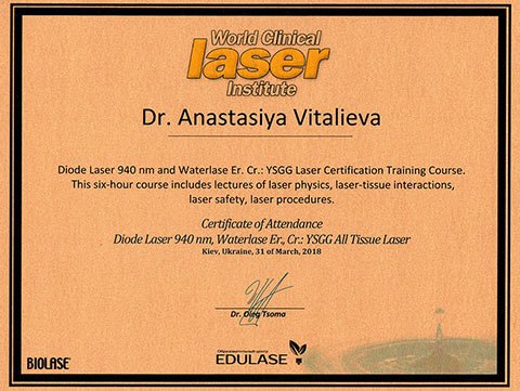 Certificate of Attendance Diode Laser 940 nm, Waterlase Er., Cr.,: YSGG All Tissue Laser